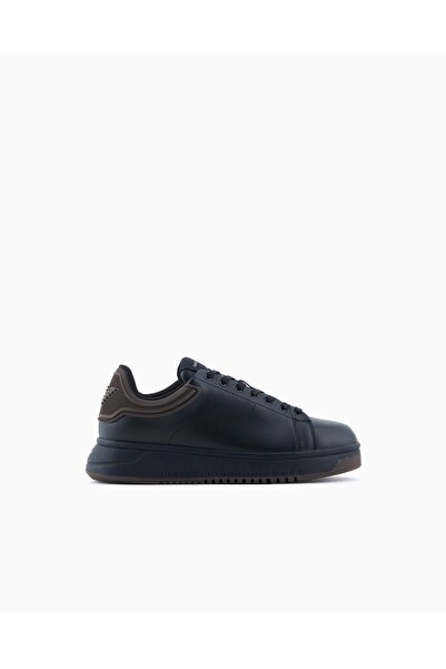 Emporio Armani Men's Lace-Up Medium Thick Sole Leather Black Sneaker