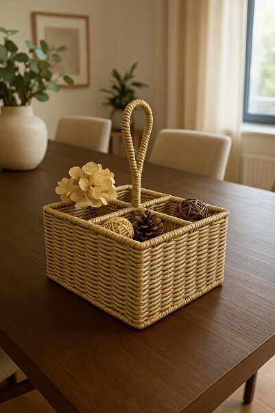 YzHome 4 Bölmeli Hasır Rattan Askılı Tutmalı Düzenleyici Organizer Sepet 29*18cm