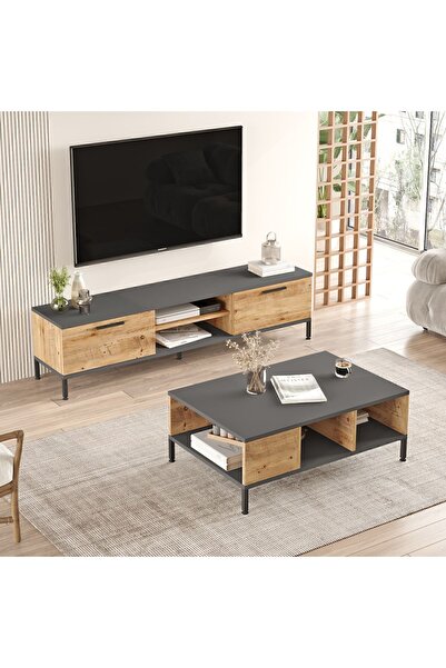 Yurupa Best Tv Ünitesi 2'li Set Orta Sehpa Metal Ayaklı Çam BES5-AA