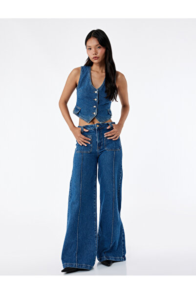 Koton Pantaloni de jeans cu picioare largi, cu nervuri, cu detaliu de buzunar...