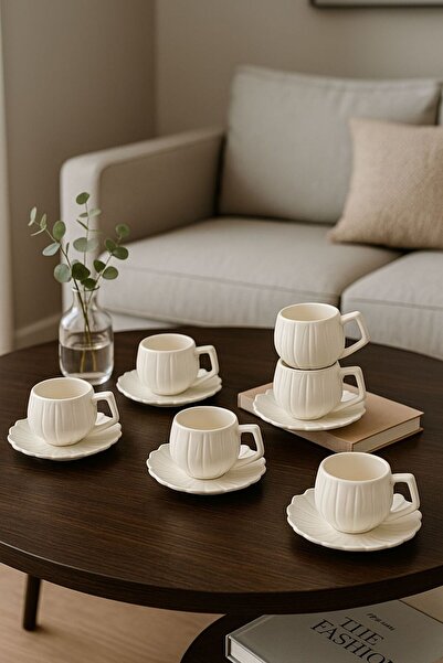 YzHome 6 Kişilik Beyaz Porselen Papatya Kahve Fincanı Takımı Seti 90 Ml