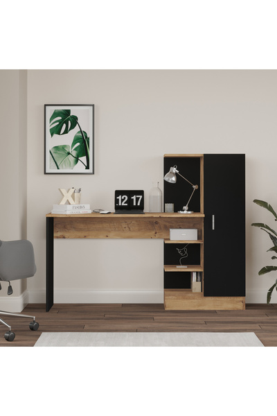Yurupa Wose Kitaplıklı Çalışma Masası Atlantik Çam-Siyah Raflı Dolaplı WOS2-AB