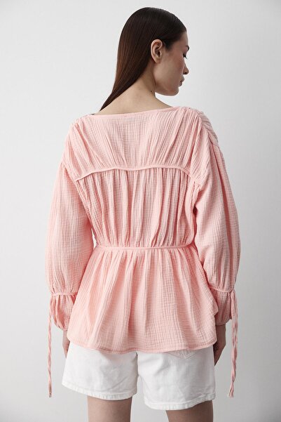 Laluvia Pink 100% Cotton Sleeve Elastic Muslin Shirt