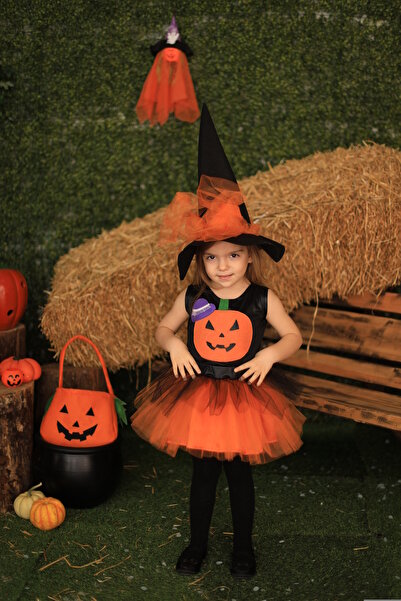 Annee Bakk Balkabağı Temalı Cadılar Bayramı Kostümü, Turuncu Renk Tütü Cadı Kostümü
