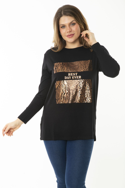 Şans Жіноча блуза великого розміру чорного кольору з принтом спереду та довгими рукавами 65N37155
