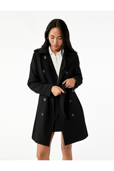 Koton Viscose Blended Long Sleeve Belted Double Breasted Trench Coat