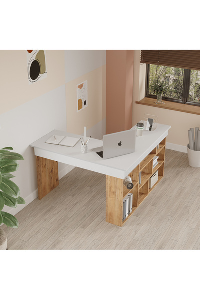 Yurupa Corner Kitaplık Raflı Çalışma Masası Çam-Beyaz COR5-AW