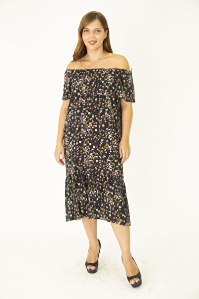 Şans Γυναικείο φόρεμα από πολύχρωμο υφαντό ύφασμα βισκόζης μεγάλου μεγέθους με ελαστικό γιακά και λεπτομέρεια 65N36916