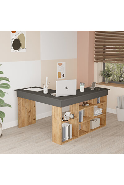 Yurupa Corner Kitaplık Raflı Çalışma Masası Çam-antrasit COR5-AA