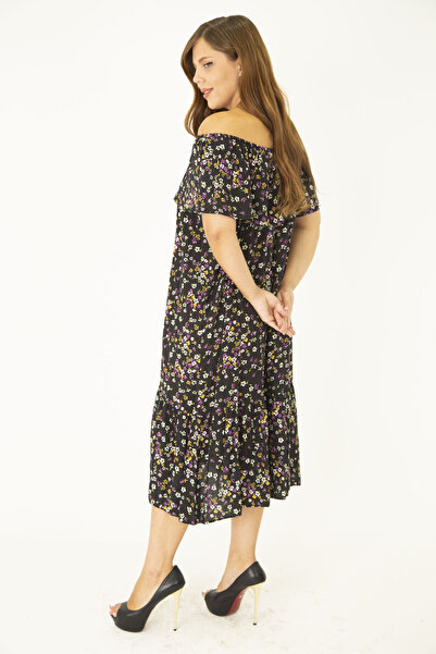 Şans Γυναικείο φόρεμα από πολύχρωμο υφαντό ύφασμα βισκόζης μεγάλου μεγέθους με ελαστικό γιακά και λεπτομέρεια 65N36916