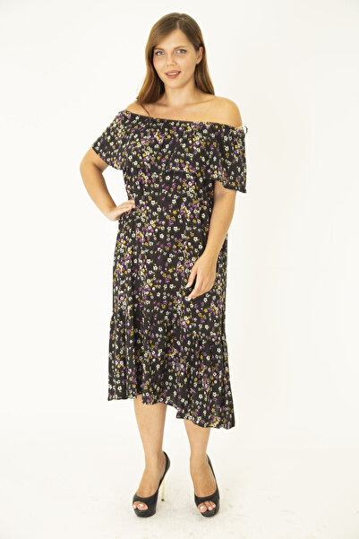 Şans Γυναικείο φόρεμα από πολύχρωμο υφαντό ύφασμα βισκόζης μεγάλου μεγέθους με ελαστικό γιακά και λεπτομέρεια 65N36916