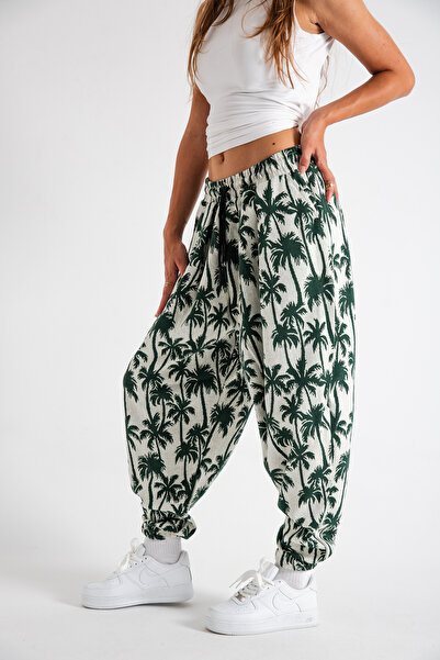 SUPERBLUE Women's Palm Patterned Pleated Baggy Trousers