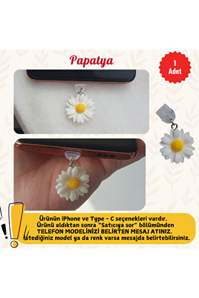 MUTLUYÜZ Papatya Telefon Şarj Portu Toz Tıpası Süsü, Telefon Aksesuar, Charm, Hediyelik, Android Iphone