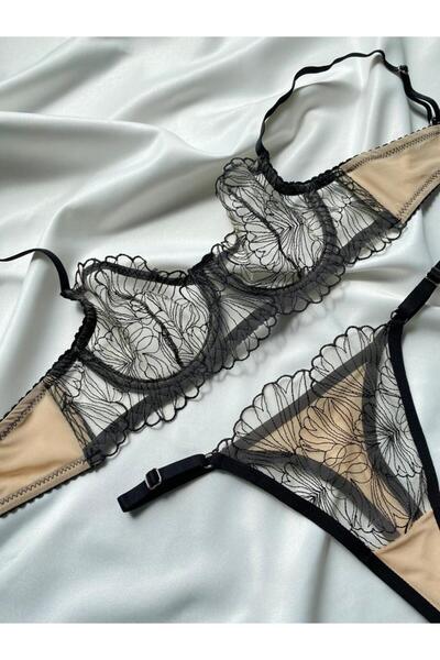 Lingerie Σετ γυναικείων εσωρούχων σε κρεμ μαύρο χρώμα με δαντέλα και κέντημα – Σουτιέν + Τσάντα