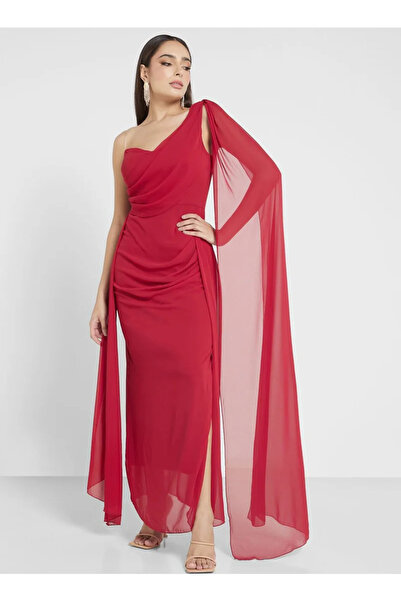 Daxe Textile Tek Omuzlu Kuyruk Detaylı Yırtmaçlı Şifon Elbise