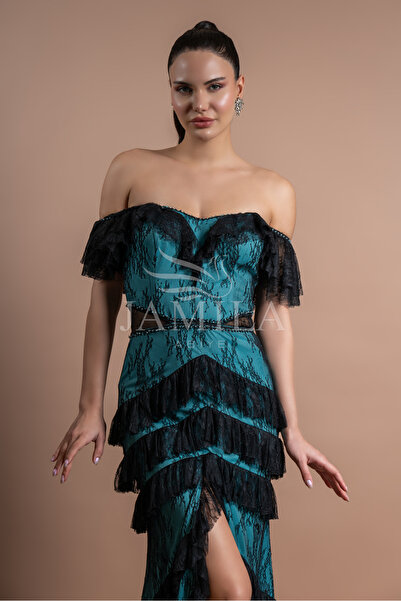 Lovely Dress Mint Dantel Detaylı Volanlı Abiye Elbise