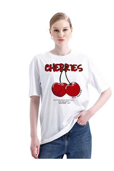 pxm تي شيرت عادي مطبوع DTF للجنسين - CHERRIES- 24/1 جيرسيه قطن ممشط 100% قطن