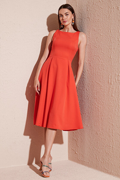 Lela Bisiklet Yaka Regular Fit Cepli Pileli Midi Elbise Elbise 6051963