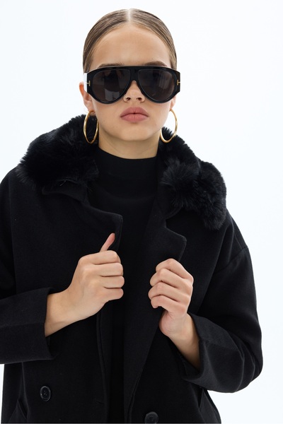 SevdeUgur Women's Black Fur Oversize Short Cashmere Coat / Sevde Ugur