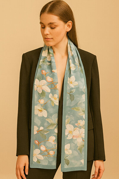 tuaipek Beyaz Zambak Desen Kadın Saten Fular 30x165cm