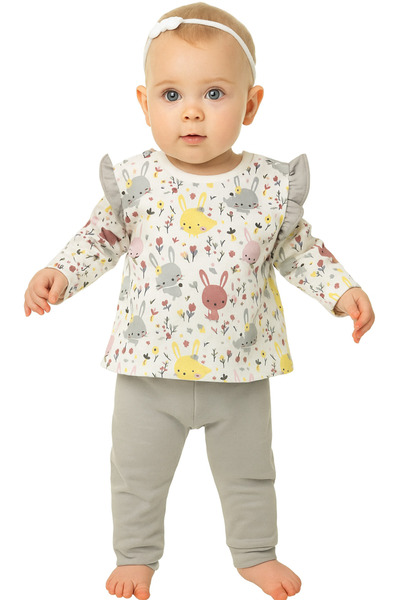 MixMax Bebe Baby Girl Ruffled Sleeves Rabbit Floral Long Sleeve Bottom Top Set