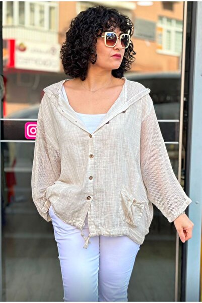 Seviliko Kadın Oversize Çift Cepli Yıkamalı File Detay %100 Pamuk Gömlek Ceke...