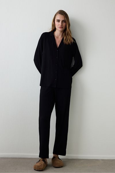 Penti Black Corded Shirt Collar Long Sleeve Buttoned Pajama Set