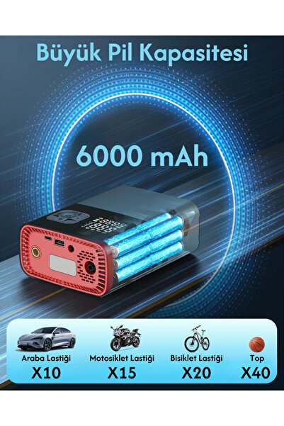 Enshall 6000mAh Led Işıklı Çantalı Şarjlı Ve Kablolu Araç Motor Bisiklet Top Lastik Şişirme Hava Kompresörü