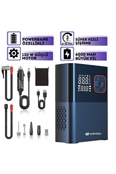 Enshall 6000mAh Led Işıklı Çantalı Şarjlı Ve Kablolu Araç Motor Bisiklet Top Lastik Şişirme Hava Kompresörü
