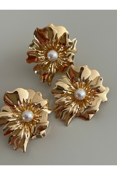 tones official Modern-trend-büyük-iri-inci-gold-çivili Çiçek Yüzük- Küpe