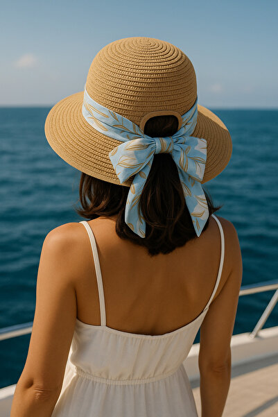 LAGRANZE Pălărie de plajă cu boruri largi de vară din paie cu eșarfă pentru f...