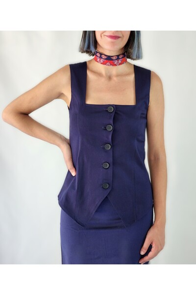YAXİ Square Collar Unlined Navy Blue Woven Vest