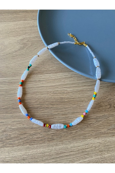 dela otantik White Beaded Bohemian Necklace – Handmade Colorful Detailed Summer Jewelry – Authentic Entik Bijoux Necklace