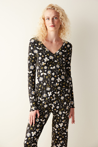 Penti Blossom Printed Siyah Tişört Pijama Üstü