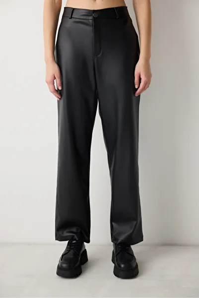 Penti Black High Waist Straight Leather Pants