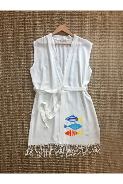 Kidilia Fish Patterned Colorful Sleeveless Kimono Peshtemal