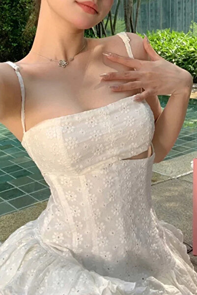 FASHION COCKTAIL Saçaklı Pencereli Askılı Mini Güpürlü Fistolu Dantelli Tasarım Bohem İnce Yazlık Harajuku Elbise