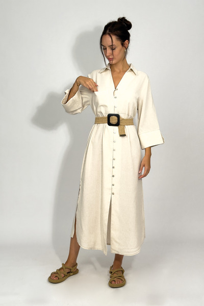 Betimoda Belted Slit Buttoned Linen Dress Stone Color