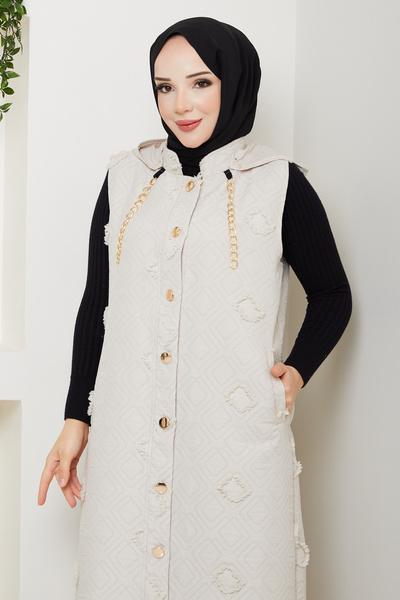 Pamuk Butik Women's Hooded Pocketed Jacquard Quilted Vest