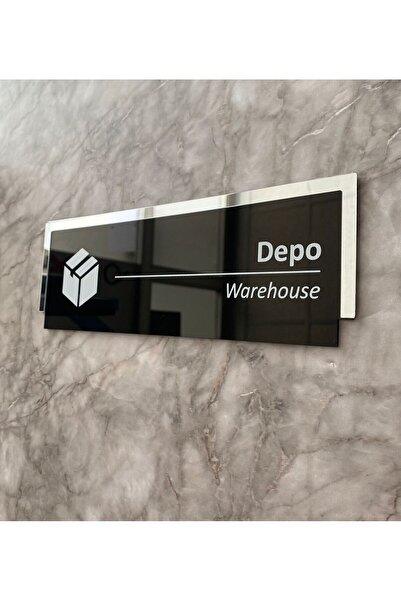 Yönline Depo Kapı İsimliği Gümüş Aynalı Siyah Pleksi Yönlendirme Levhası 25x8...