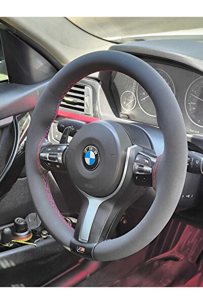 deri DİKİŞLİ DİREKSİYON KILIFI ( MAVİ -KIRMIZI DİKİŞ ) BMW 2.18 F30 İÇİN (M D...