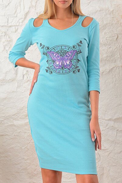 Avones Γυναικείο φόρεμα με λεπτομέρεια με στρας με λαιμόκοψη σε τιρκουάζ καμιζόλ