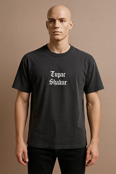 discountWORLD Siyah Oversize Tupac Shakur Baskılı Tişört