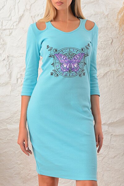 Avones Γυναικείο φόρεμα με λεπτομέρεια με στρας με λαιμόκοψη σε τιρκουάζ καμιζόλ