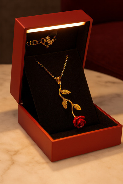 KAR DİAMOND 925 Ayar Gümüş Kırmızı Gül Kolye – Altın Kaplama Işıklı Kutuda Se...