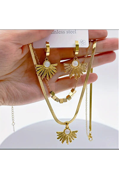 N AKSESUARLAR TARZ ÇELİK TAKI ÇELİK BEYAZ TAŞLI ÇİÇEK MODEL ŞIK İKİLİ KOLYE V...