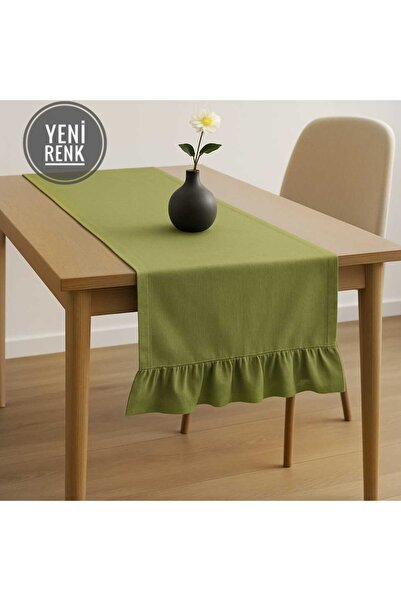 HOME ART ATELIER hand made Yeşil Fırfırlı Vintage Keten Runner - 40x140- Prem...