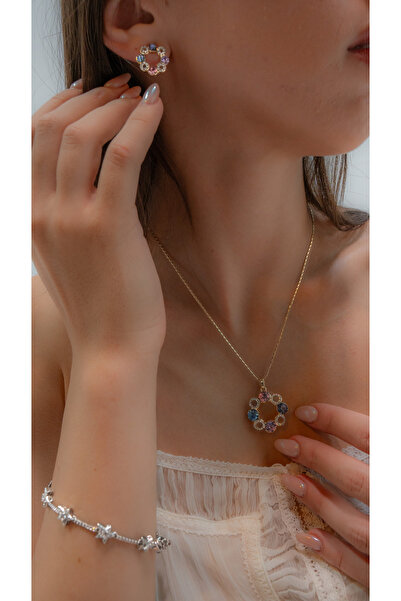 Love Good Renkli Taşlı Çember Set (Kolye & Küpe) - Paslanmaz Çelik