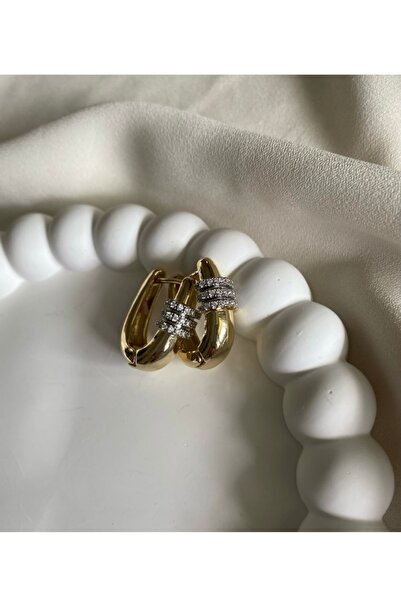 gaila design Taş Detaylı Oval Altın Kaplama Küpe