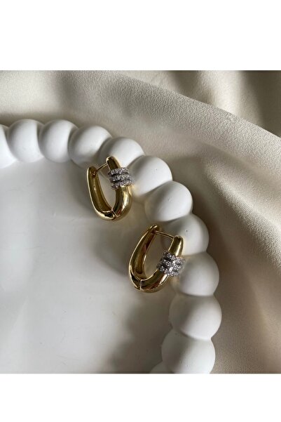 gaila design Taş Detaylı Oval Altın Kaplama Küpe
